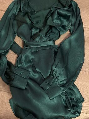 Emerald Green Satin Long Sleeve Wrap Blouse